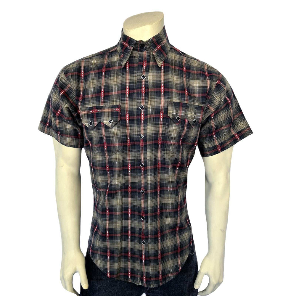 Rockmount Ranch Ware Men's Short Sleeve Shadow Plaid Dobby Lurex Western Shirt in Black - Rockmount Clothing - Flyclothing LLC