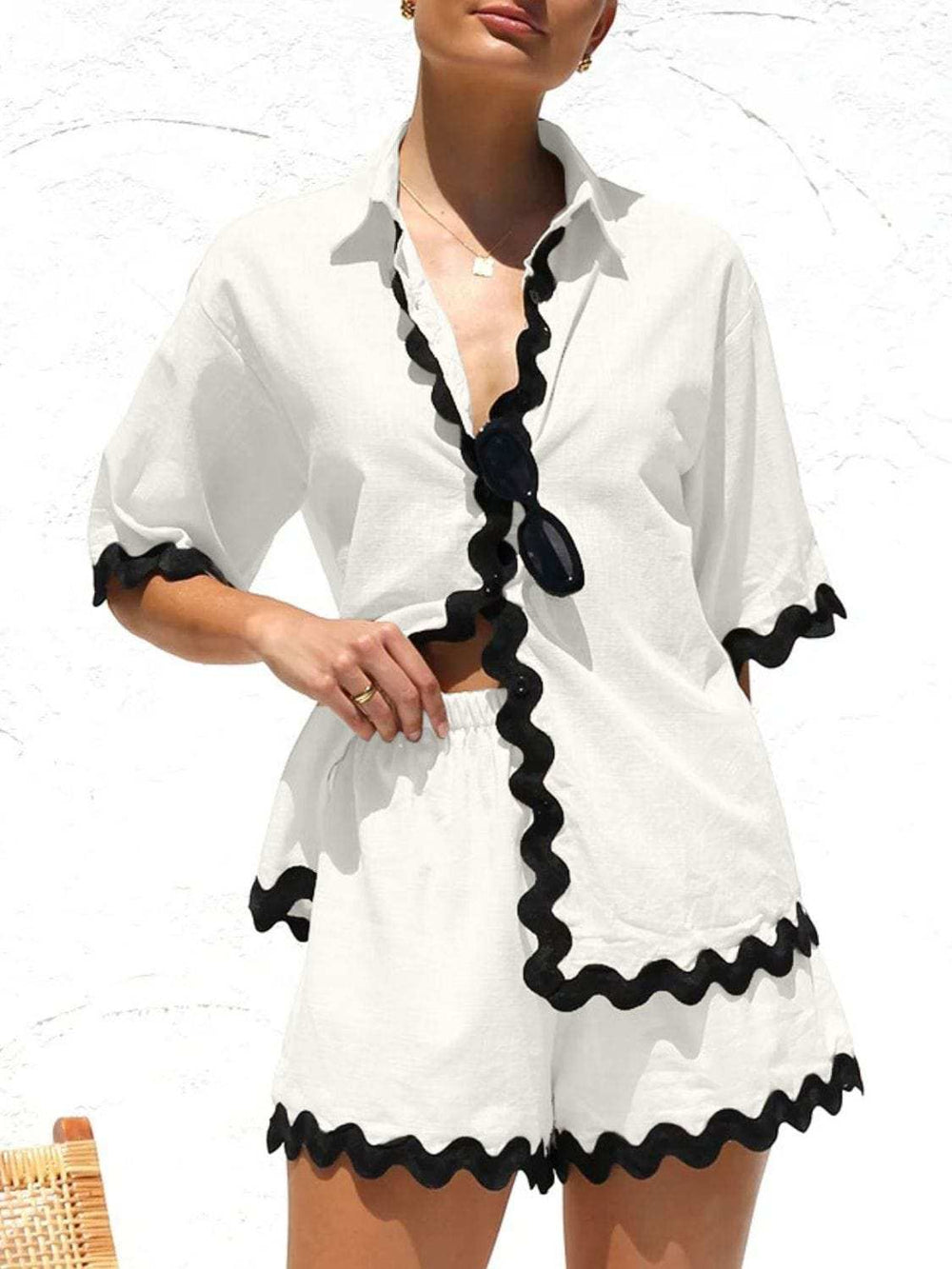 Contrast Trim Half Sleeve Top and Shorts Set - Trendsi - Flyclothing LLC