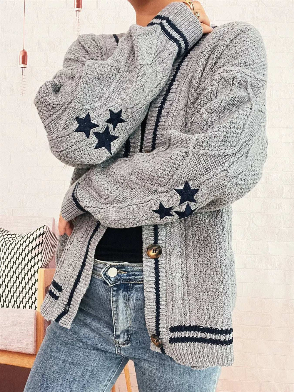 Star Pattern Button-Up Cardigan with Contrast Trim - Trendsi - Flyclothing LLC