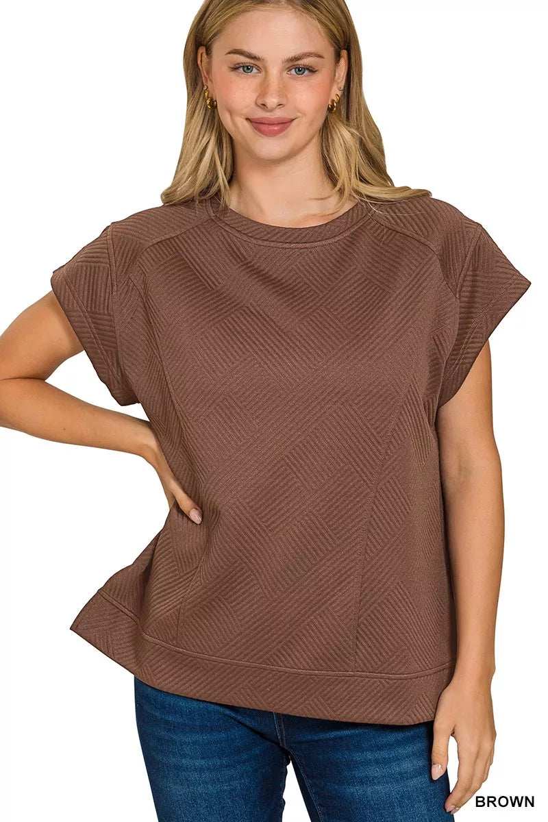 Zenana Textured Knit Jacquard Short Sleeve Top - Trendsi - Flyclothing LLC