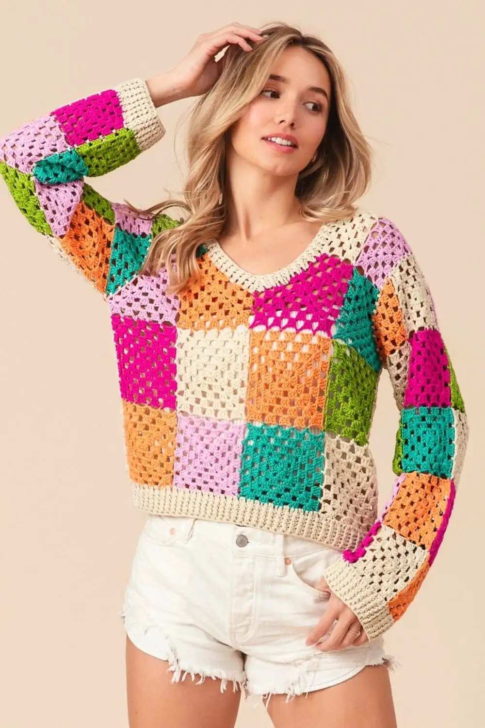 BiBi Multi Color Checkered Long Sleeve Knit Top - Trendsi - Flyclothing LLC