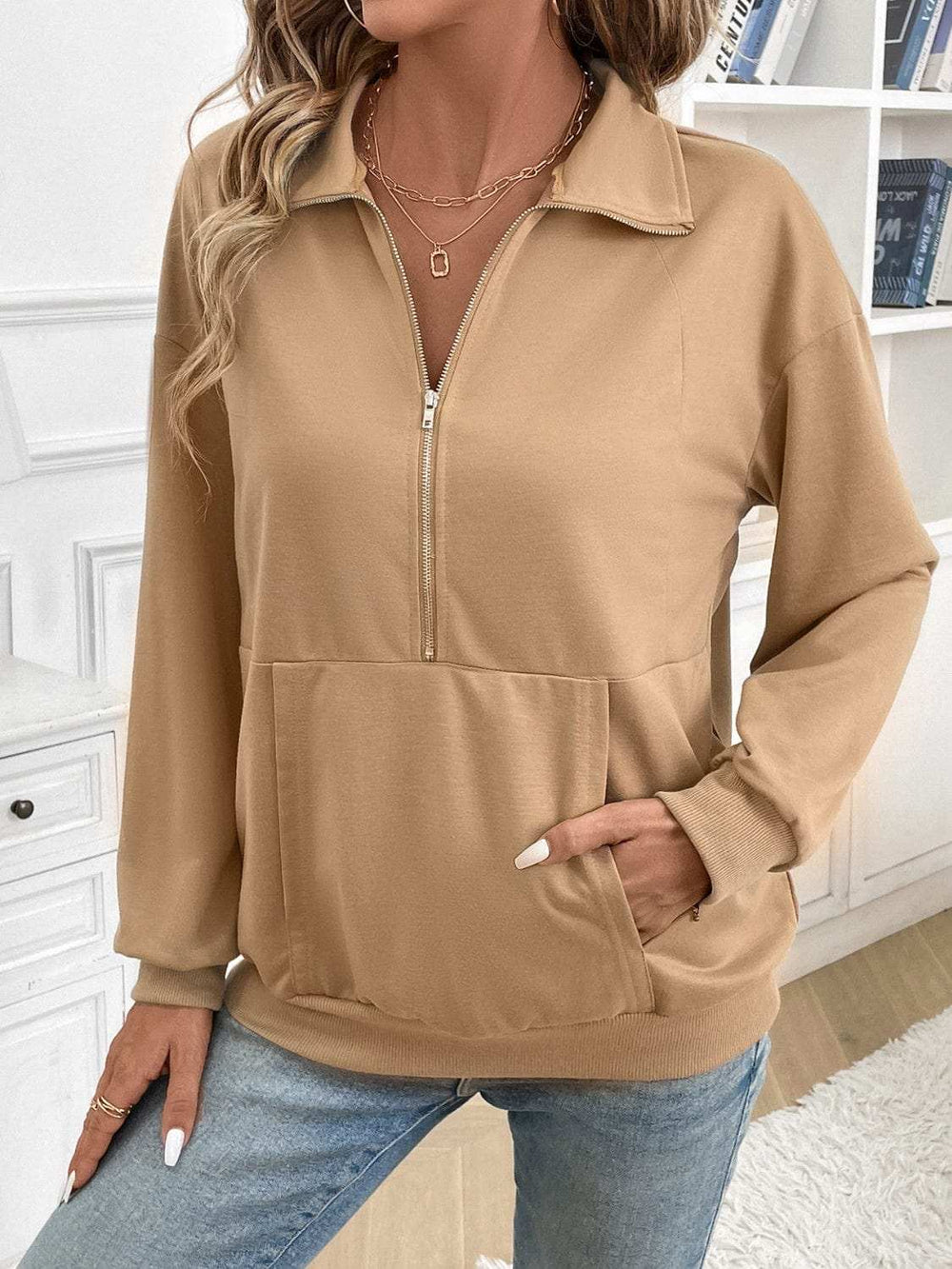 Half Zip Kangaroo Pocket Long Sleeve Sweatshirt - Trendsi - Flyclothing LLC