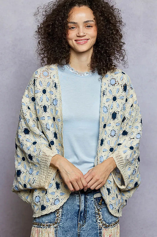 POL Open Front Floral Pattern Crochet Cardigan - Trendsi - Flyclothing LLC