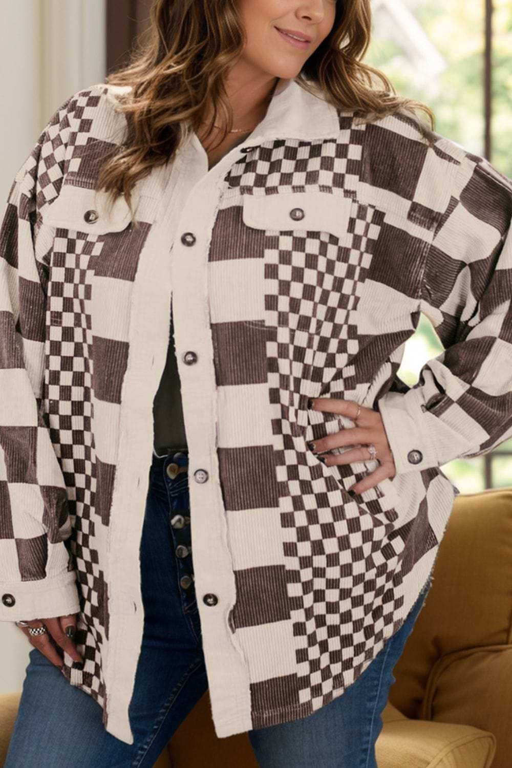 Plus Size Checkered Button Up Long Sleeve Jacket - Trendsi - Flyclothing LLC