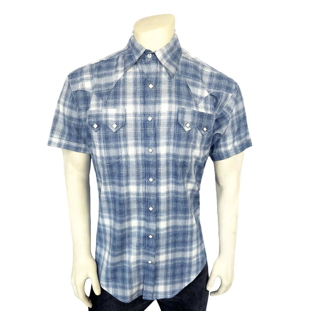 Rockmount Ranch Ware Men's Blue Short Sleeve Shadow Plaid Western Shirt - Rockmount Clothing - Flyclothing LLC