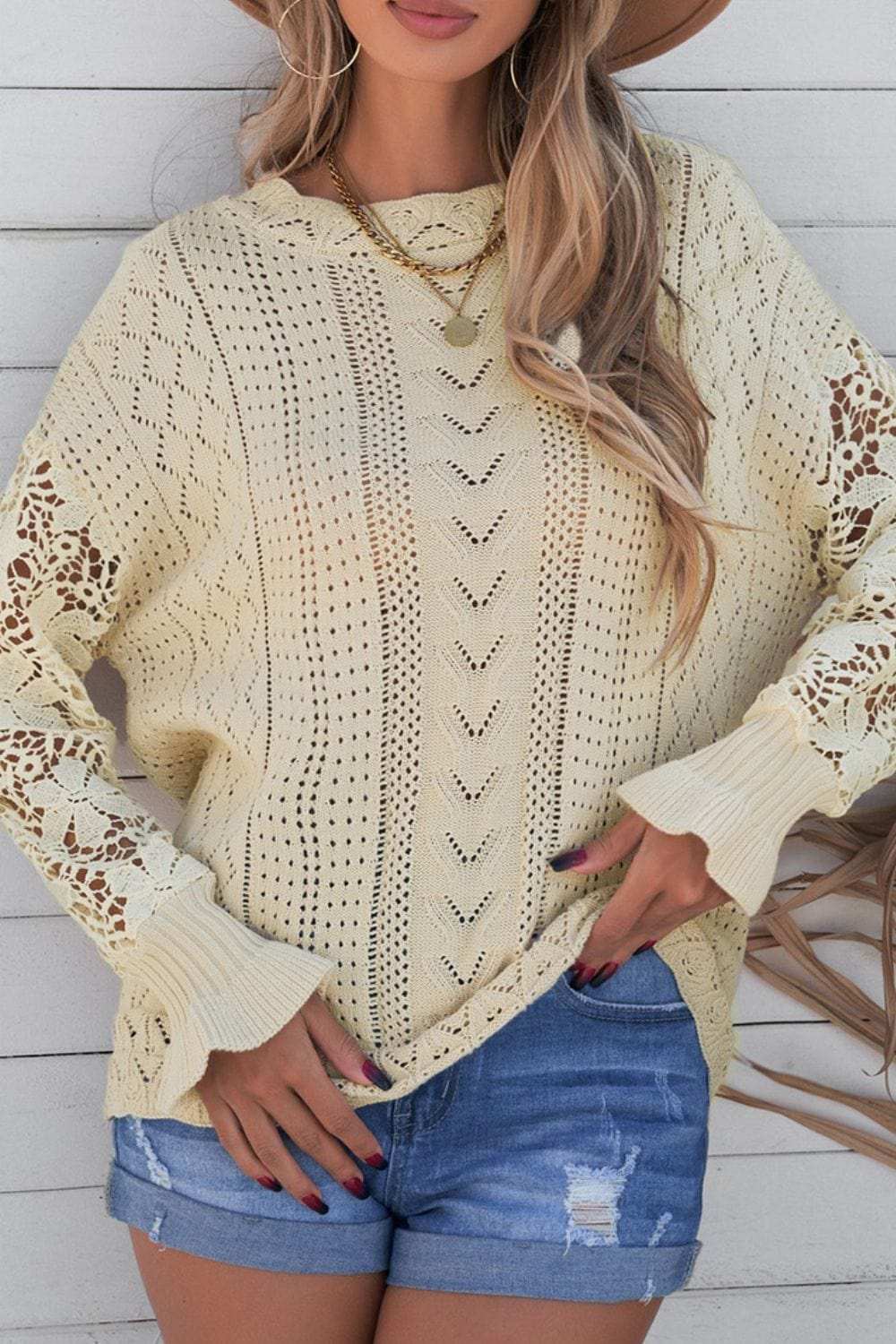 Openwork Round Neck Long Sleeve Sweater - Trendsi - Flyclothing LLC