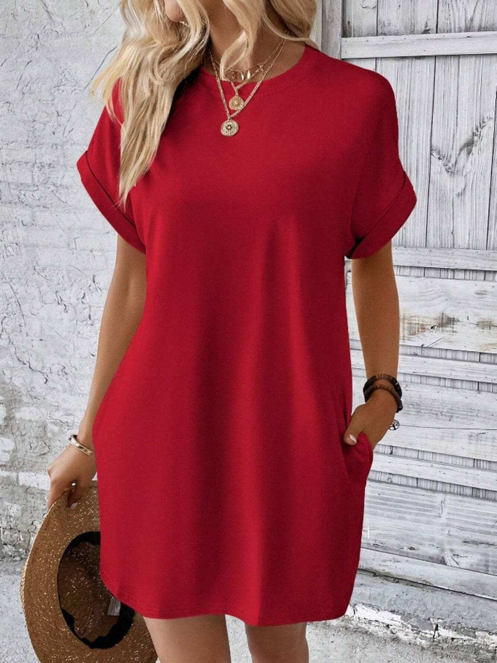Pocketed Round Neck Short Sleeve Dress - Trendsi - Flyclothing LLC