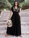Embroidered Ruched Short Sleeve Jumpsuit - Trendsi - Flyclothing LLC