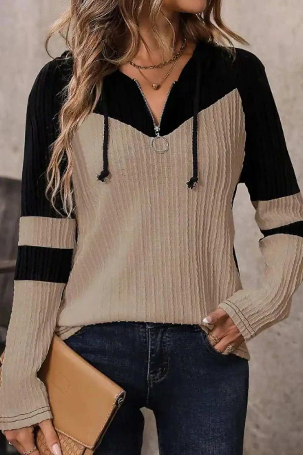 Drawstring Quarter Zip Contrast Long Sleeve Hoodie - Trendsi - Flyclothing LLC