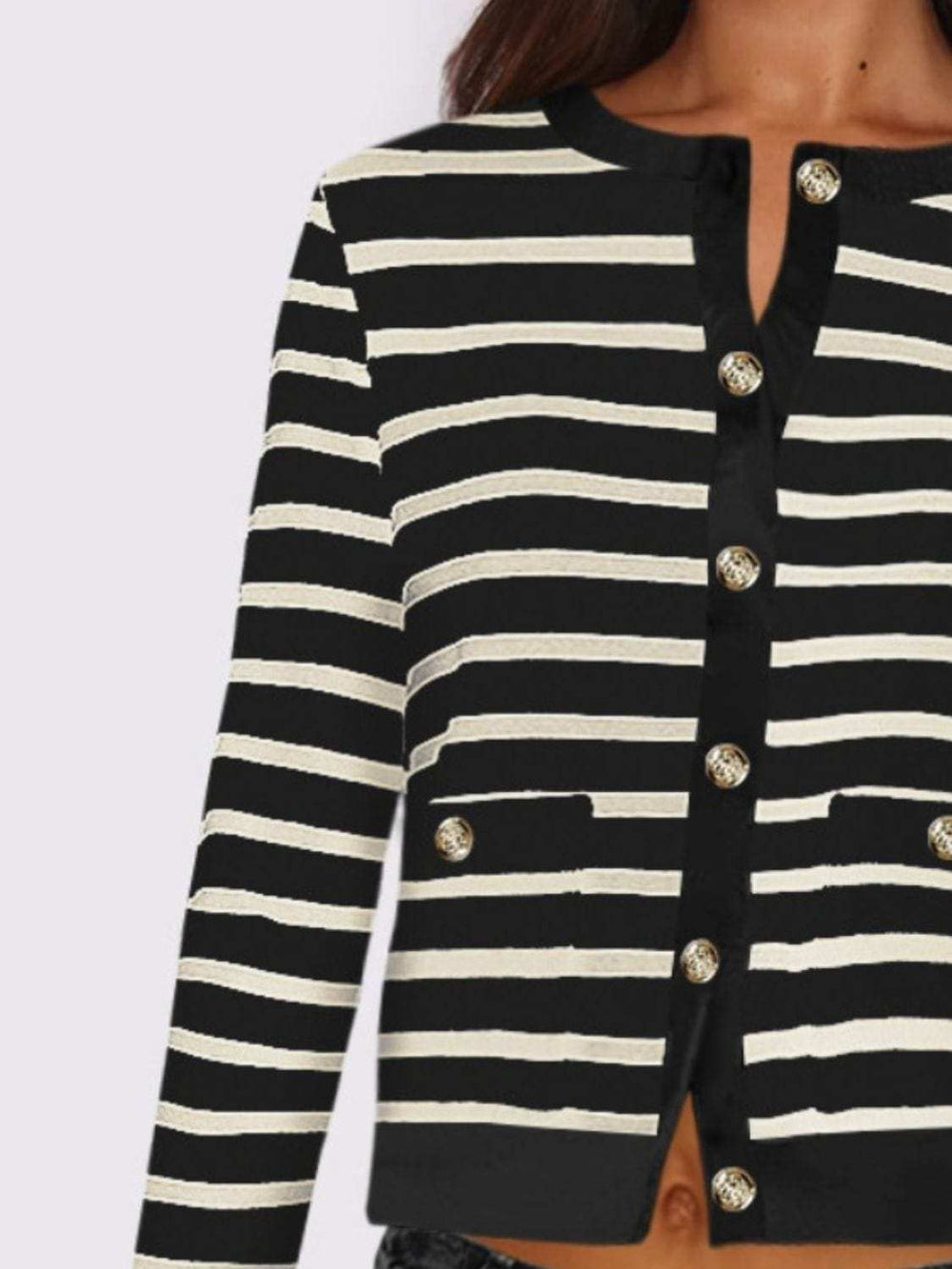 Striped Round Neck Button Up Long Sleeve Cardigan - Trendsi - Flyclothing LLC