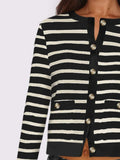 Striped Round Neck Button Up Long Sleeve Cardigan - Trendsi - Flyclothing LLC