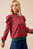 BiBi Christmas Plaid Exaggerated Shoulder Sleeves Top - Trendsi - Flyclothing LLC