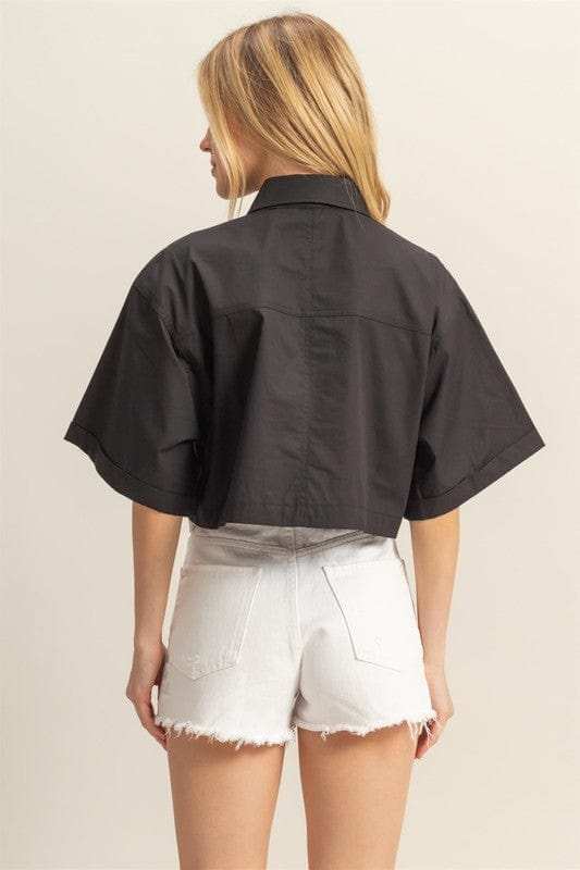 HYFVE Front Pockets Poplin Collared Neck Crop Shirt - Trendsi - Flyclothing LLC