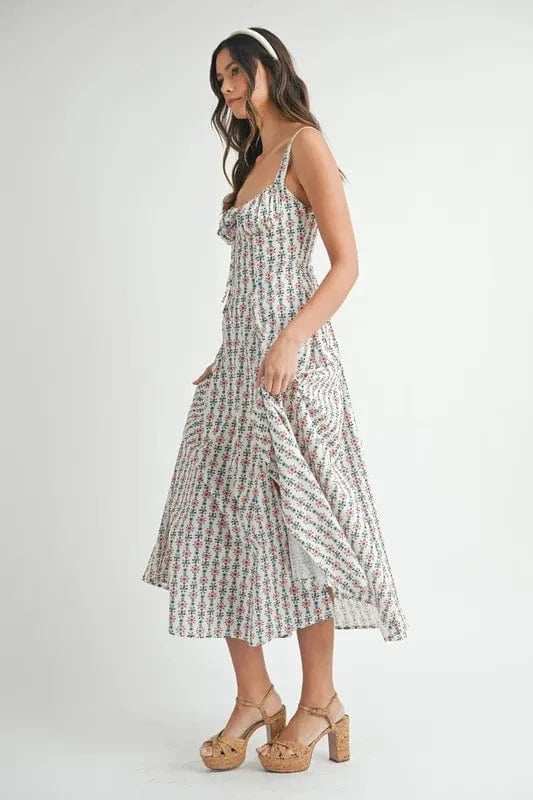 MABLE Floral Print Bustier Back Lace Up Midi Dress - Trendsi - Flyclothing LLC