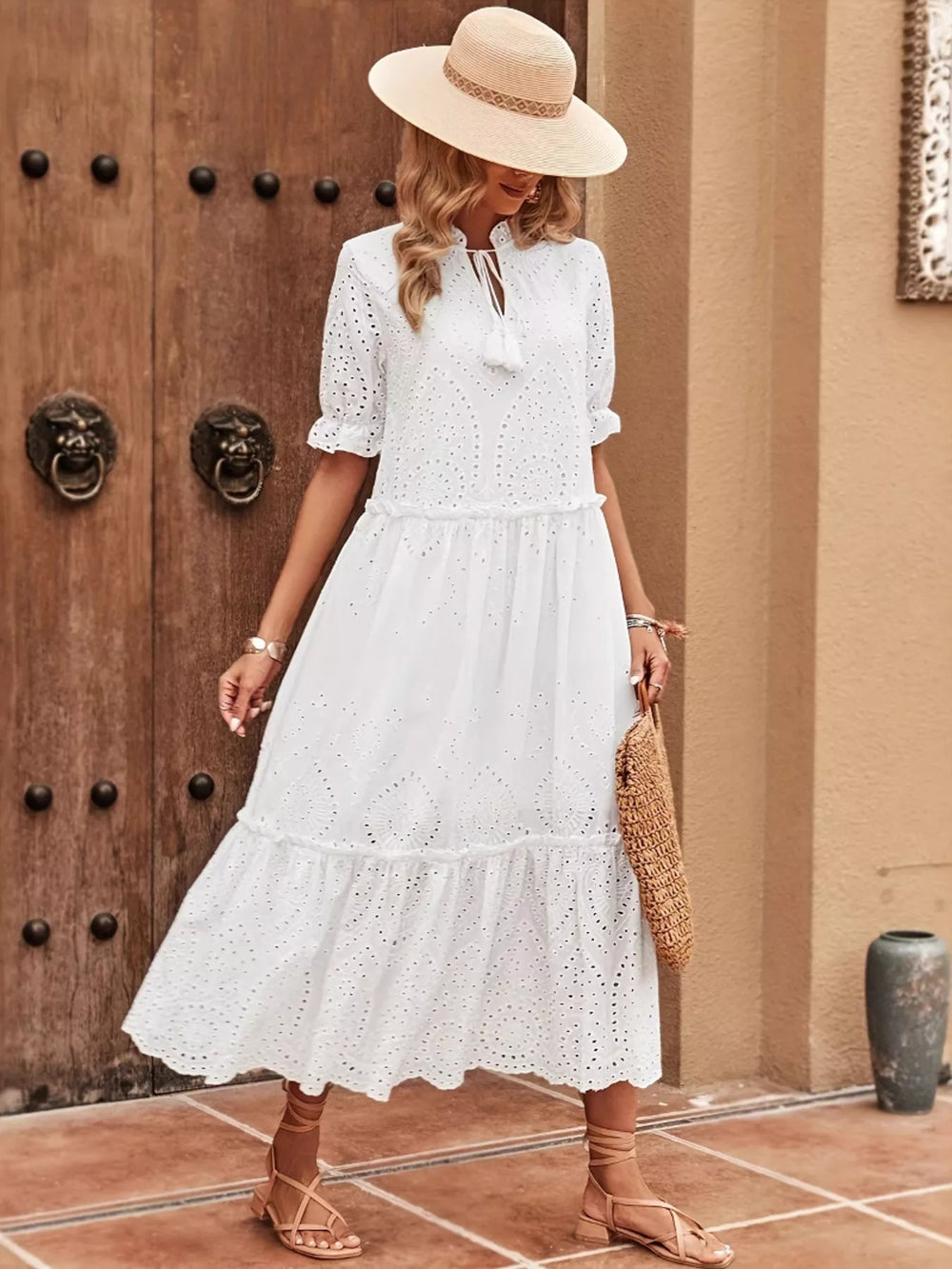 Eyelet Tie Neck Half Sleeve Midi Dress - Trendsi - Flyclothing LLC