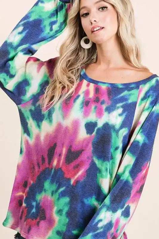 BiBi Tie Dye Print Terry Top with Puff Sleeves - Trendsi - Flyclothing LLC