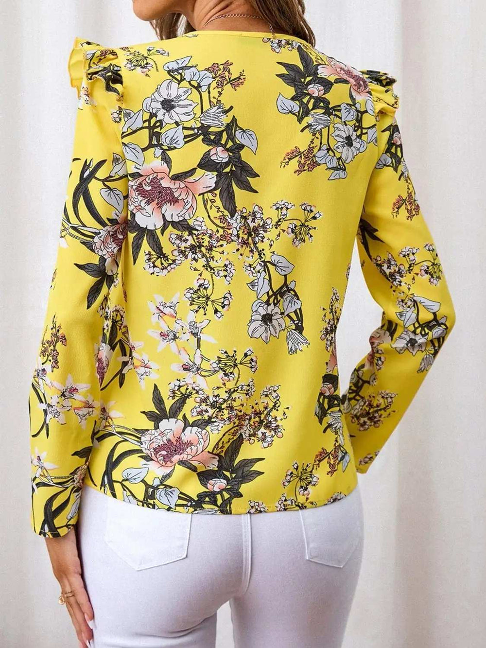 Ruffled Printed V-Neck Long Sleeve Blouse - Trendsi - Flyclothing LLC