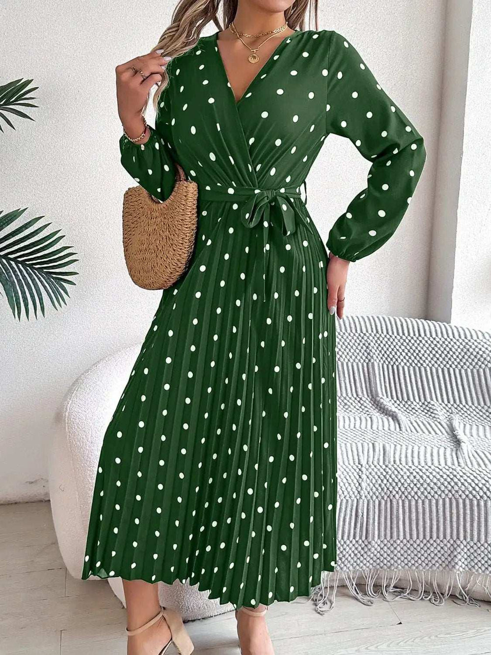 Tied Polka Dot Long Sleeve Midi Dress - Trendsi - Flyclothing LLC