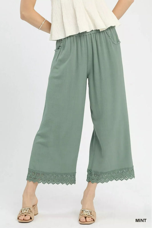 Umgee Linen Wide Leg Cropped Pants with Lace Trim - Trendsi - Flyclothing LLC