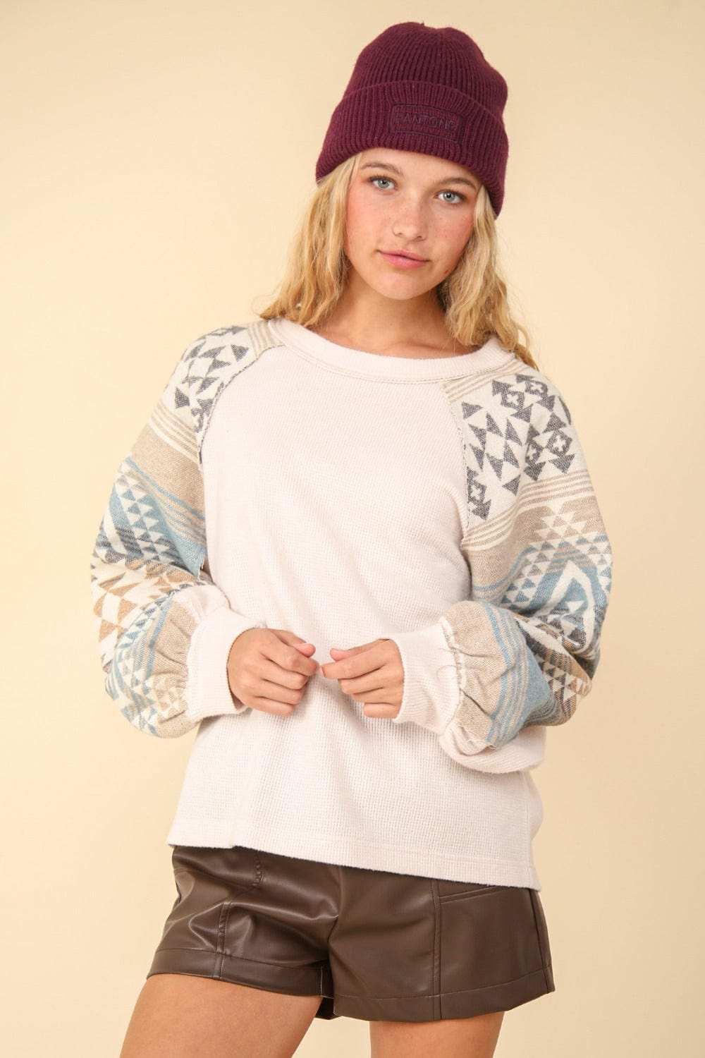 VERY J Printed Long Sleeve Round Neck Knit Top - Trendsi - Flyclothing LLC