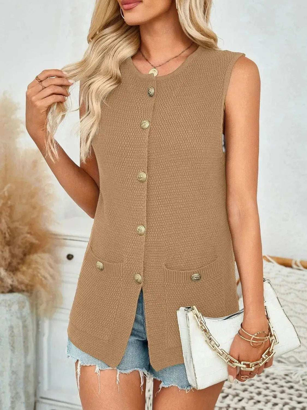 Button Down Round Neck Knit Vest - Trendsi - Flyclothing LLC