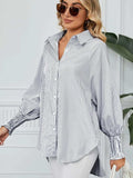 Striped Collared Neck Long Sleeve Shirt - Trendsi - Flyclothing LLC
