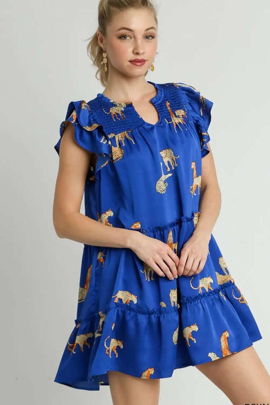 Umgee Full Size Cheetah Print Notched Ruffle Layered Cap Sleeve Mini Dress Plus Size - Trendsi - Flyclothing LLC