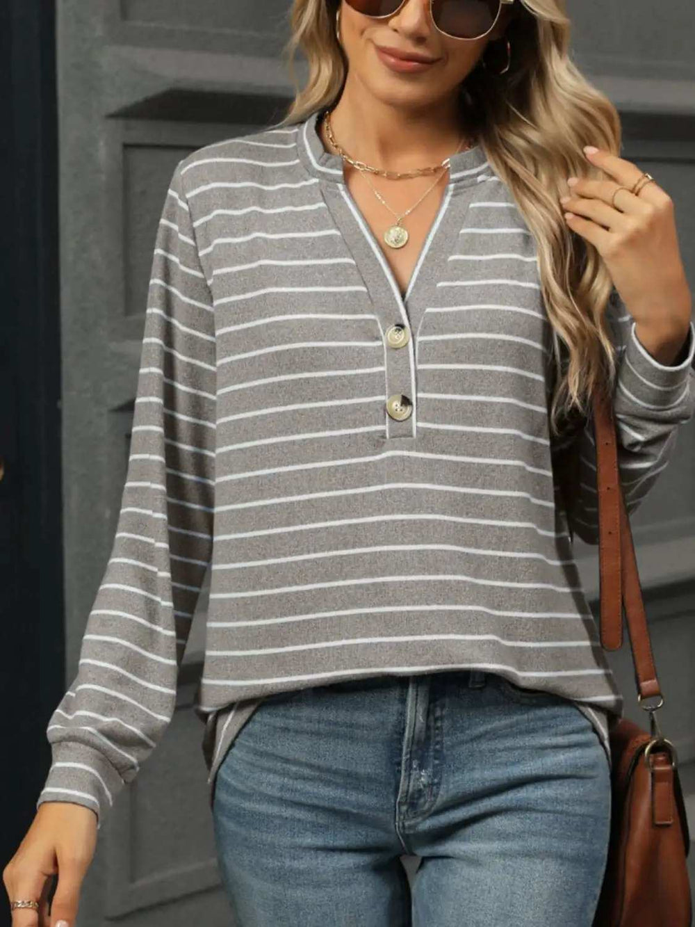 Striped Notched Long Sleeve T-Shirt - Trendsi - Flyclothing LLC