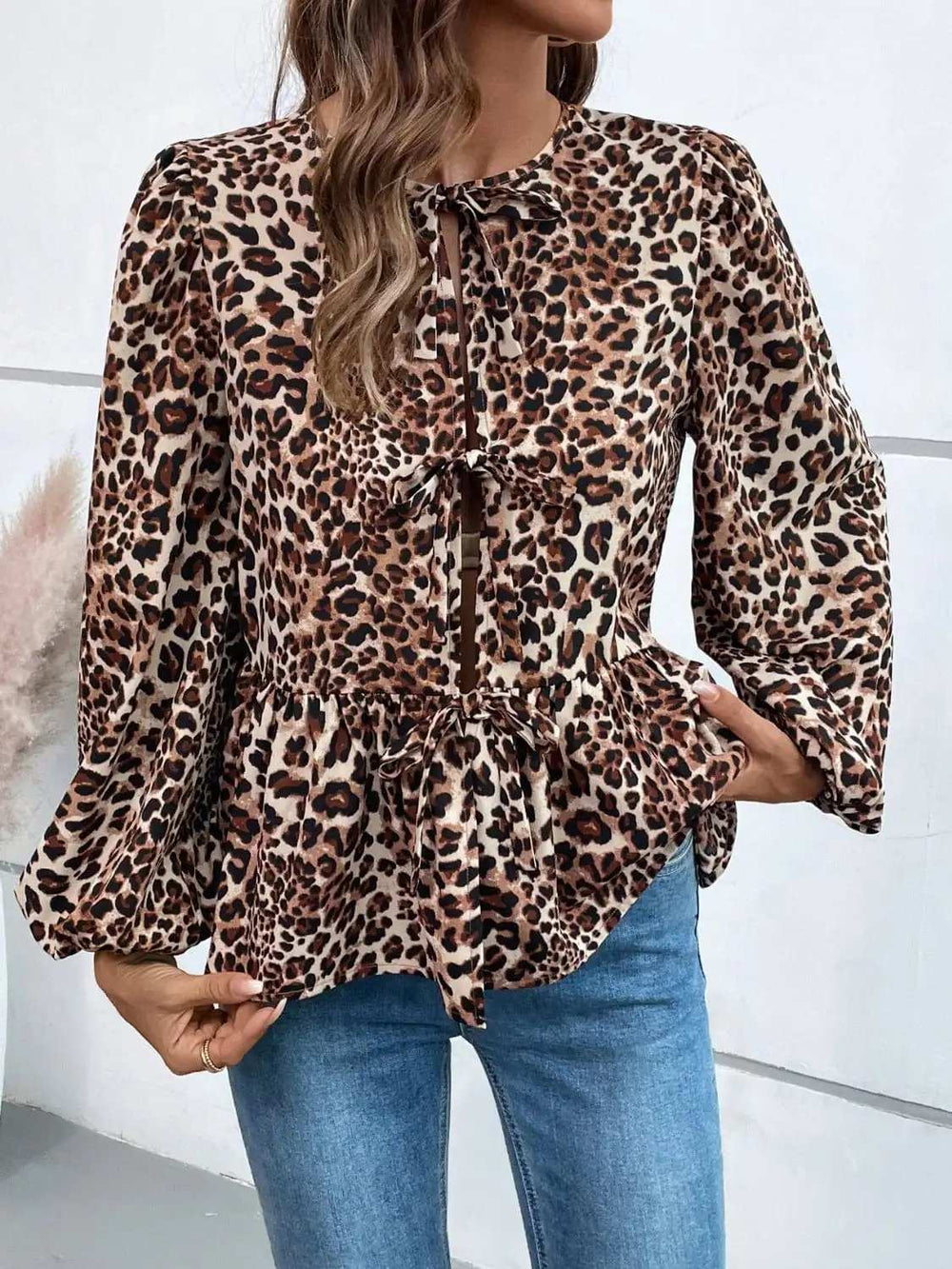 Ivy Lane Peplum Tied Long Sleeve Blouse - Trendsi - Flyclothing LLC