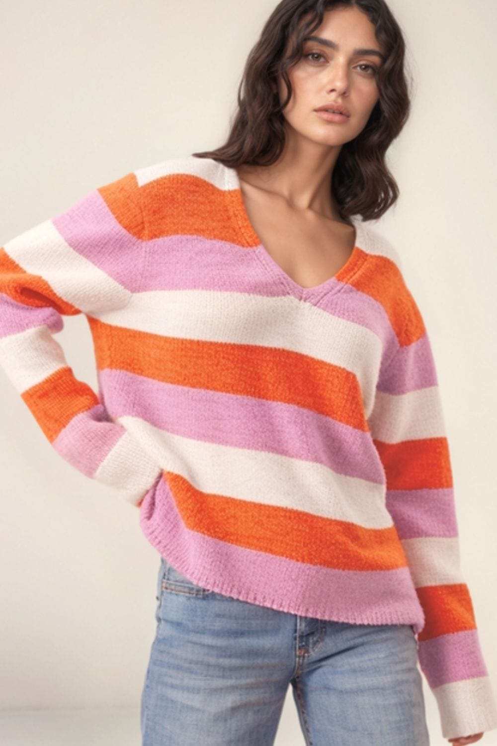 Color Block V-Neck Long Sleeve Sweater - Trendsi - Flyclothing LLC