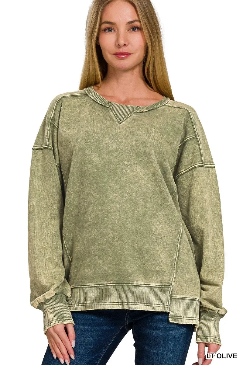 Zenana French Terry Acid Wash Pullover - Trendsi - Flyclothing LLC