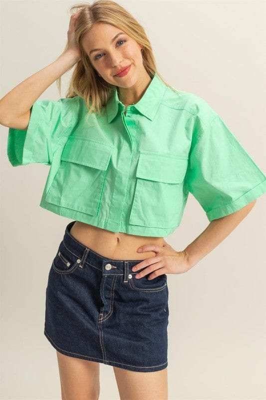 HYFVE Front Pockets Poplin Collared Neck Crop Shirt - Trendsi - Flyclothing LLC