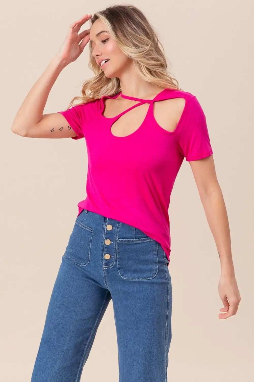 BiBi Cutout Asymmetrical Neck Short Sleeve T-Shirt - Trendsi - Flyclothing LLC