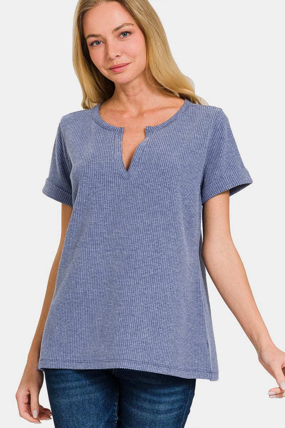 Zenana Notched Short Sleeve Waffle T-Shirt - Trendsi - Flyclothing LLC