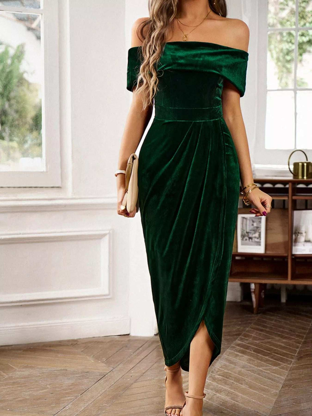 Velvet Off-Shoulder Ruched Midi Dress - Trendsi - Flyclothing LLC