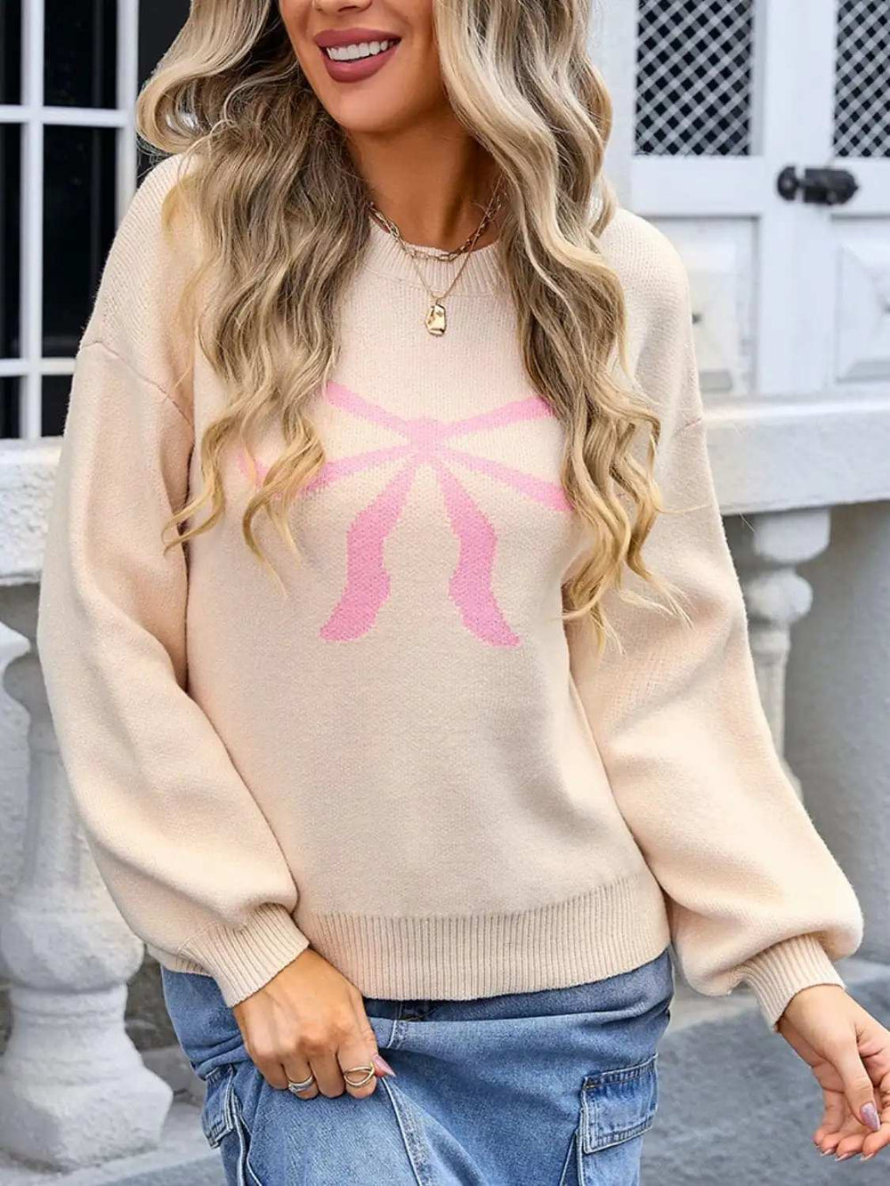 Bow Graphic Round Neck Long Sleeve Sweater - Trendsi - Flyclothing LLC