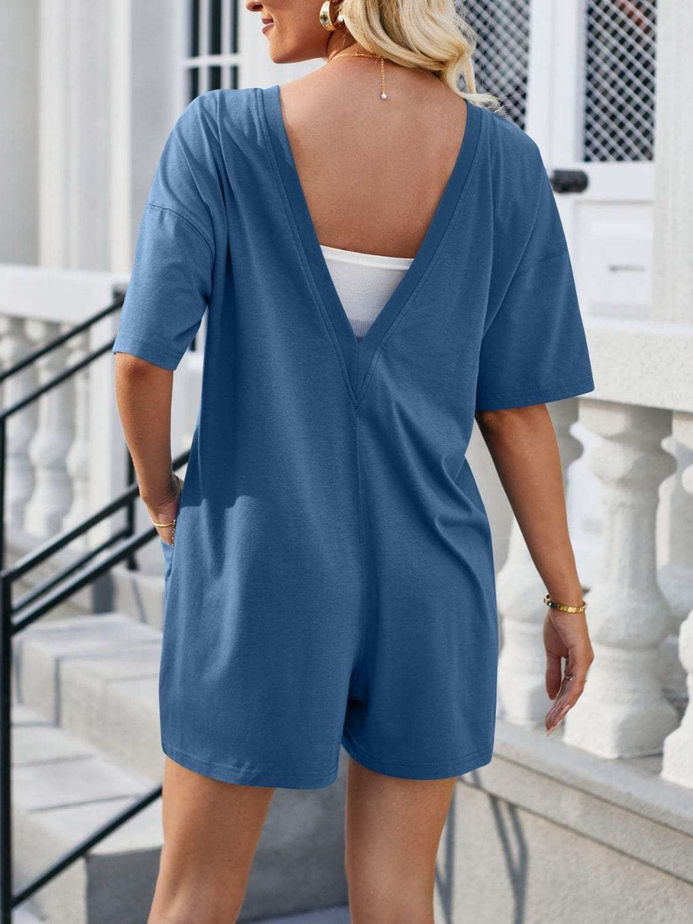 Backless Round Neck Half Sleeve Romper - Trendsi - Flyclothing LLC