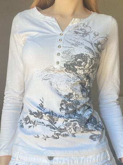 Printed Notched Long Sleeve T-Shirt - Trendsi - Flyclothing LLC