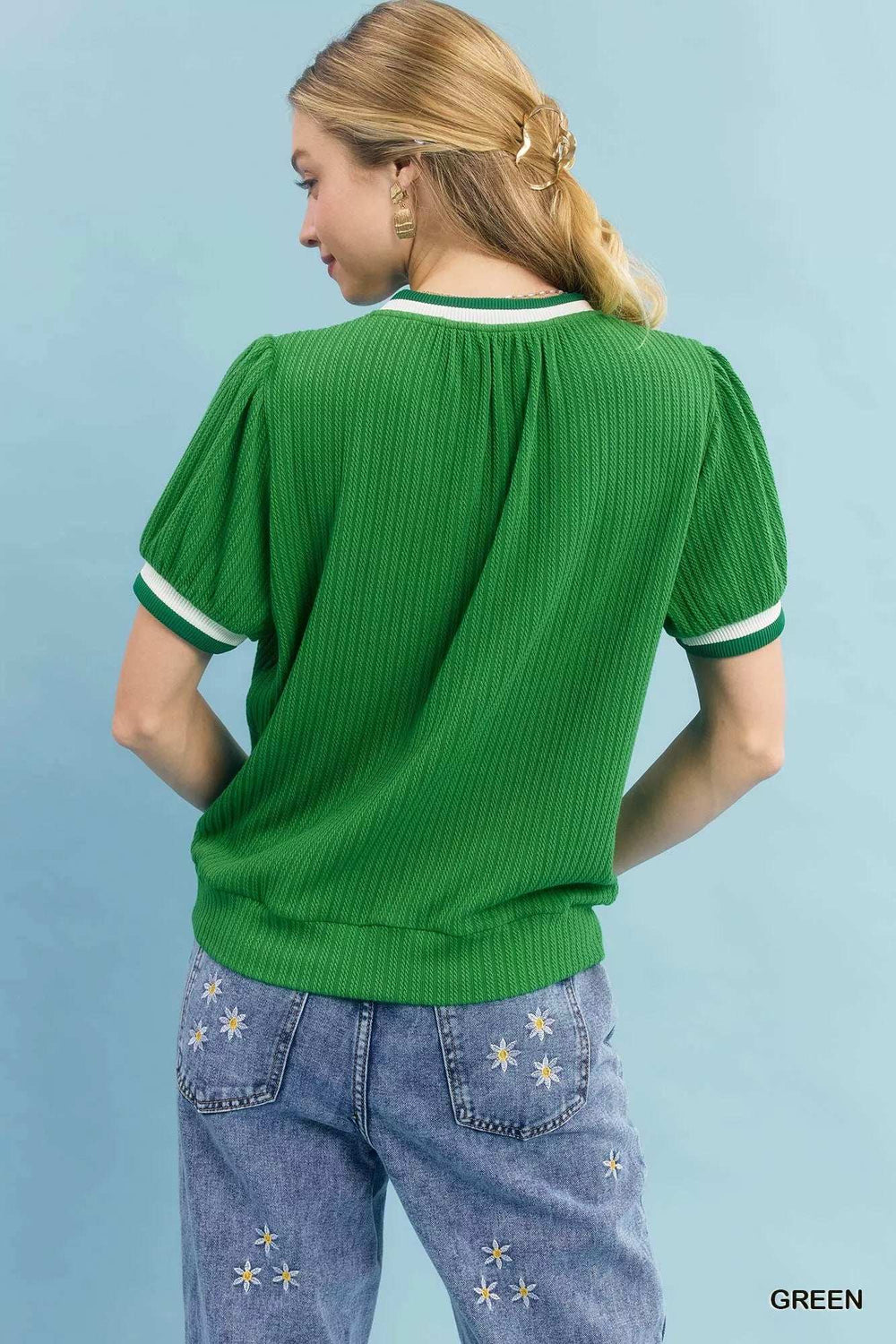 Umgee Puff Sleeve Knit Top with Contrast Rib Trim - Trendsi - Flyclothing LLC