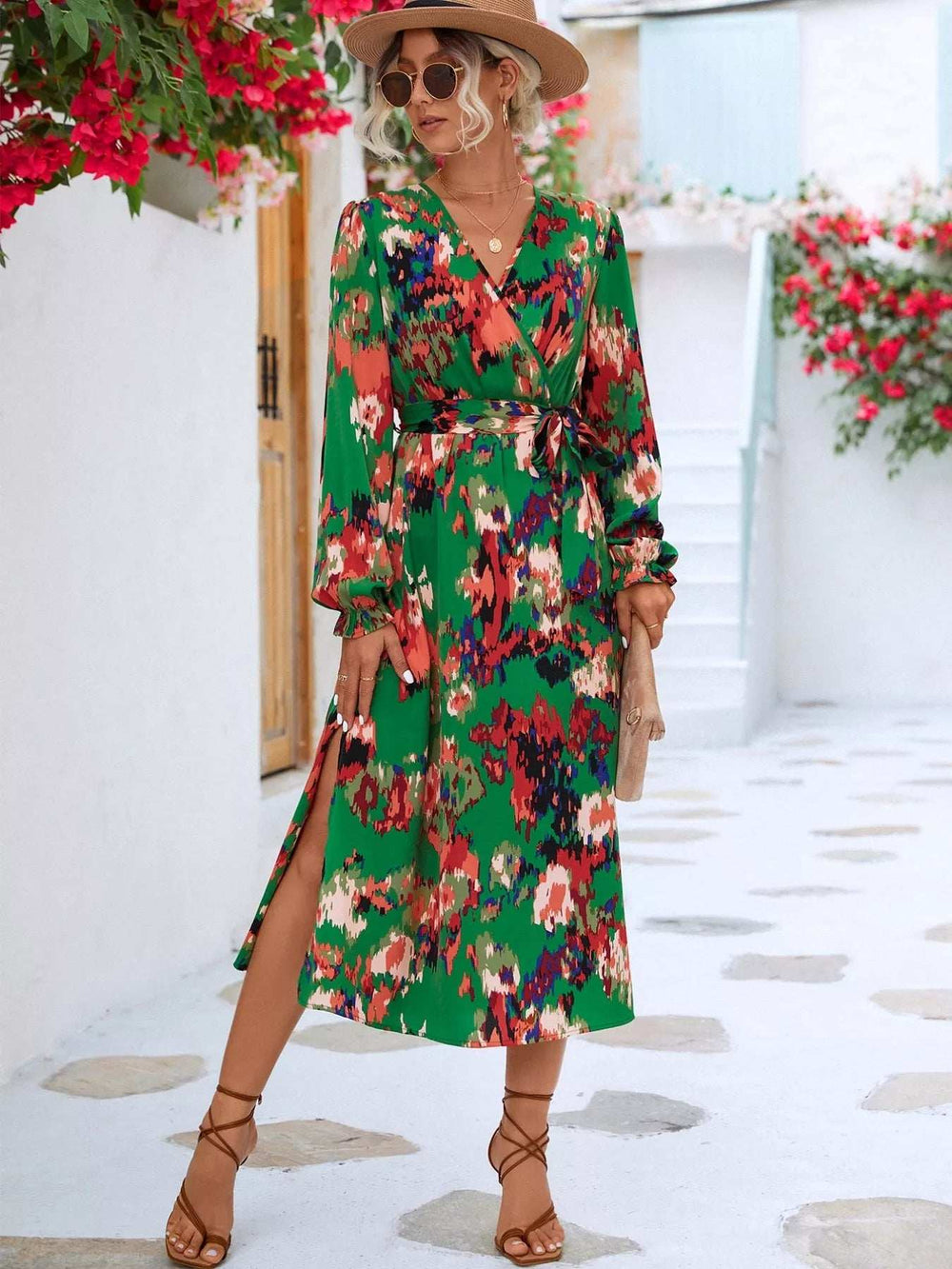 Printed Surplice Long Sleeve Midi Dress - Trendsi - Flyclothing LLC