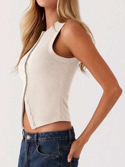 Lovelet Button Up Round Neck Tank - Trendsi - Flyclothing LLC