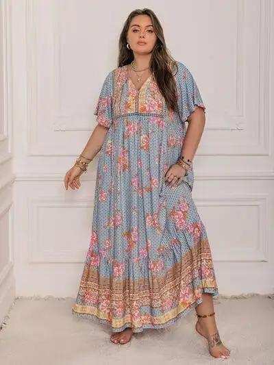 Plus Size Printed Tie Neck Flutter Sleeve Maxi Dress - Trendsi - Flyclothing LLC
