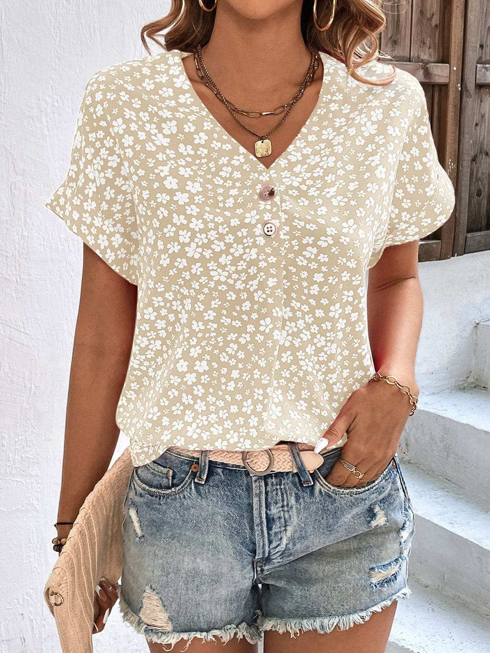 Printed V-Neck Short Sleeve Blouse - Trendsi - Flyclothing LLC