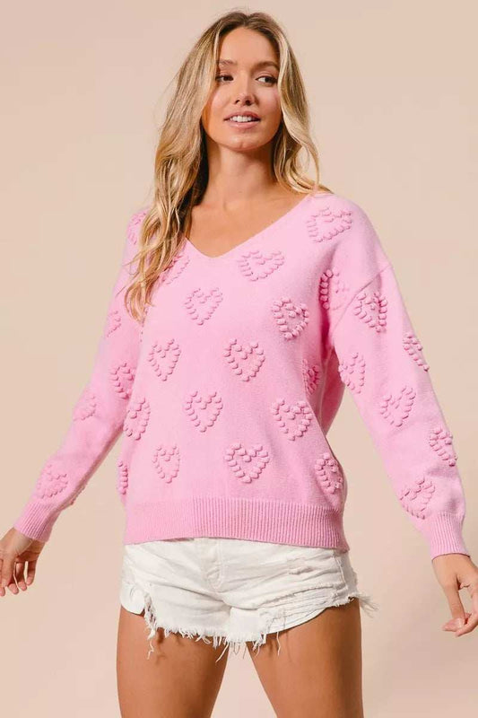 BiBi Valentines Heart Pompom V Neck Knit Top - Trendsi - Flyclothing LLC