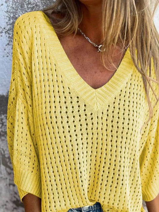 Full Size Openwork V-Neck Knit Cover Up Plus Size - Trendsi - Flyclothing LLC