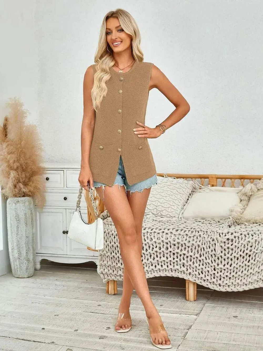 Button Down Round Neck Knit Vest - Trendsi - Flyclothing LLC