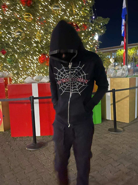 Men's Spider Web Rhinestones Zip-Up Hoodie - Trendsi - Flyclothing LLC