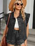 Raw Hem Cap Sleeve Denim Jacket - Trendsi - Flyclothing LLC
