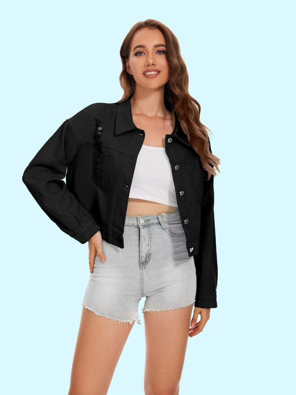Distressed Distressed Button Up Denim Jacket - Trendsi - Flyclothing LLC