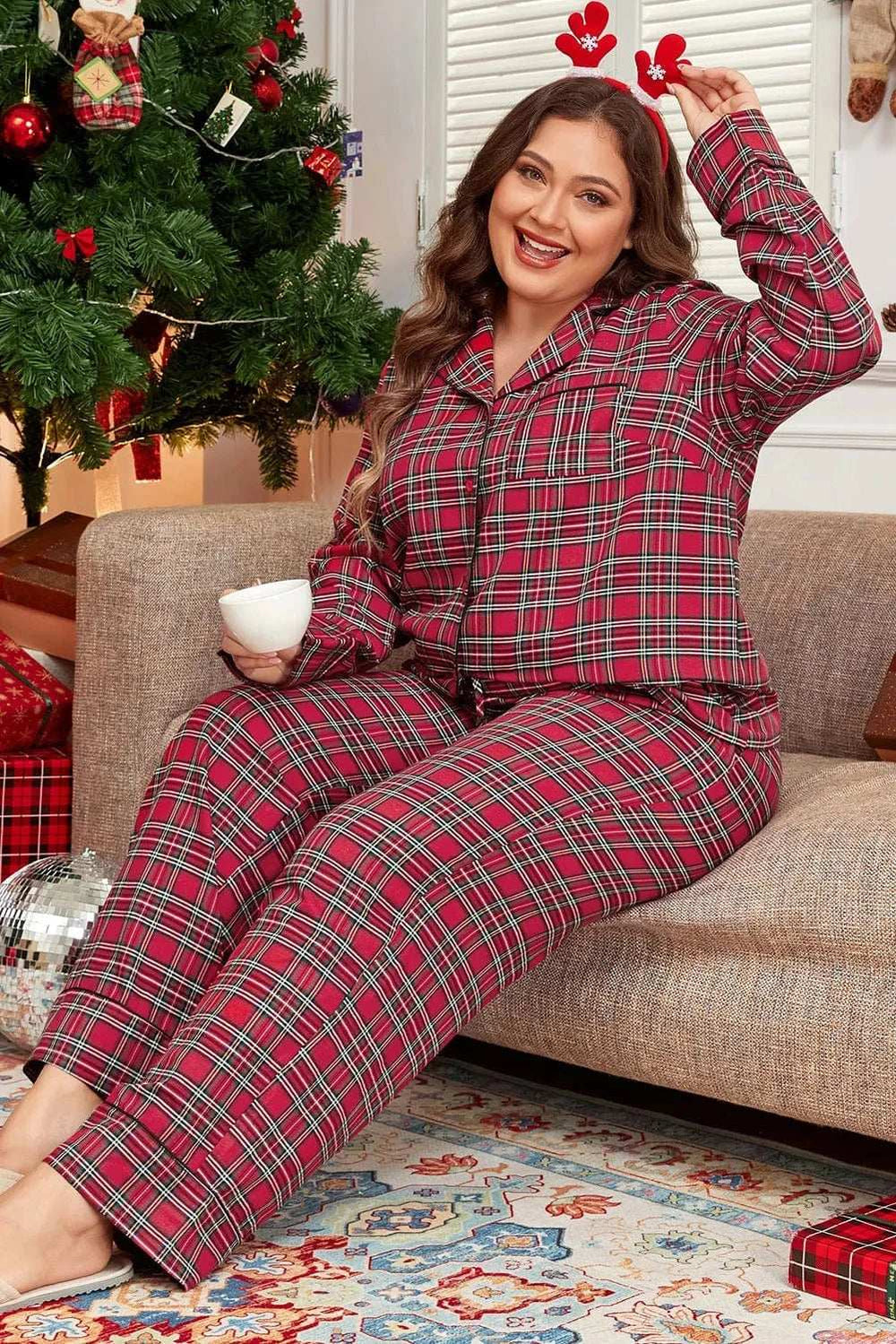 Plus Size Plaid Collared Neck Top and Pants Lounge Set - Trendsi - Flyclothing LLC